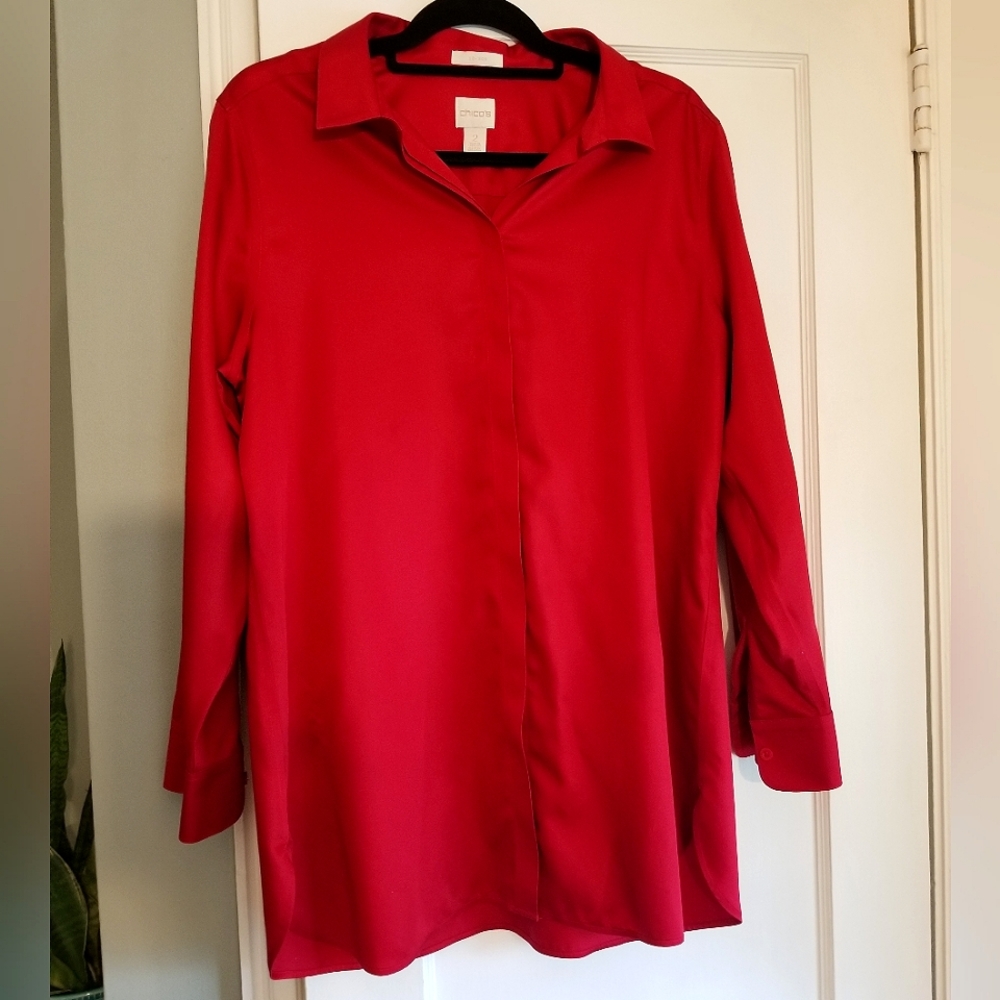 Red long sleeve button up blouse with lovely style details Chico's size 2
